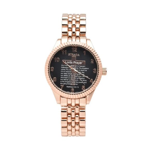 Strada Japanese Movement Cross Lords Prayer Pattern Dial Watch in Rosetone Strap - Picture 1 of 7